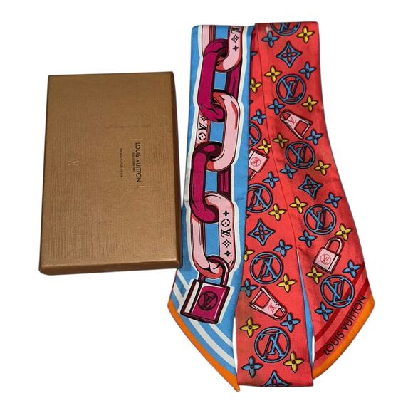 LOUIS VUITTON Bandeau BB Bejeweled Monogram Blue Pink Silk Scarf W/Box - Picture 1 of 15